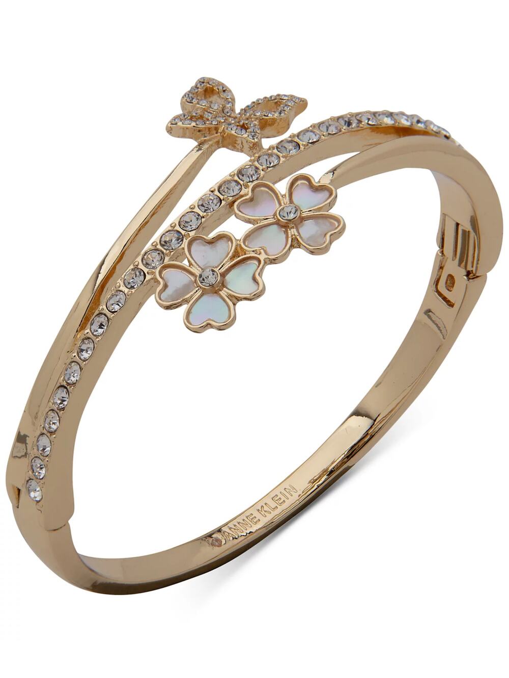 Anne Klein Gold-Tone Pavé Butterfly & Mother-of-Pearl Flower Bangle Bracelet